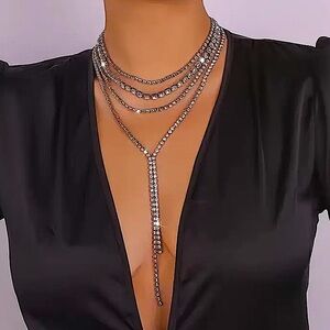 Silver Crystal Y Lariat Choker Rhinestone Drop Tassel Necklace New Years